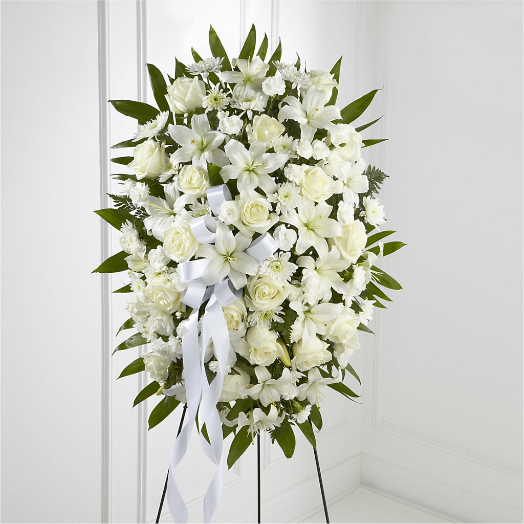 Exquisite Tribute Standing Spray-White Ribbon – MOLLY'S FLORIST, Mullins SC