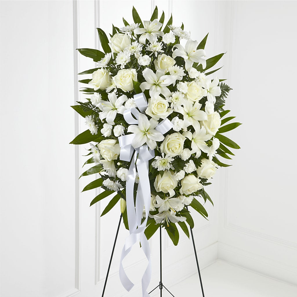 Exquisite Tribute Standing Spray-White Ribbon – MOLLY'S FLORIST, Mullins SC