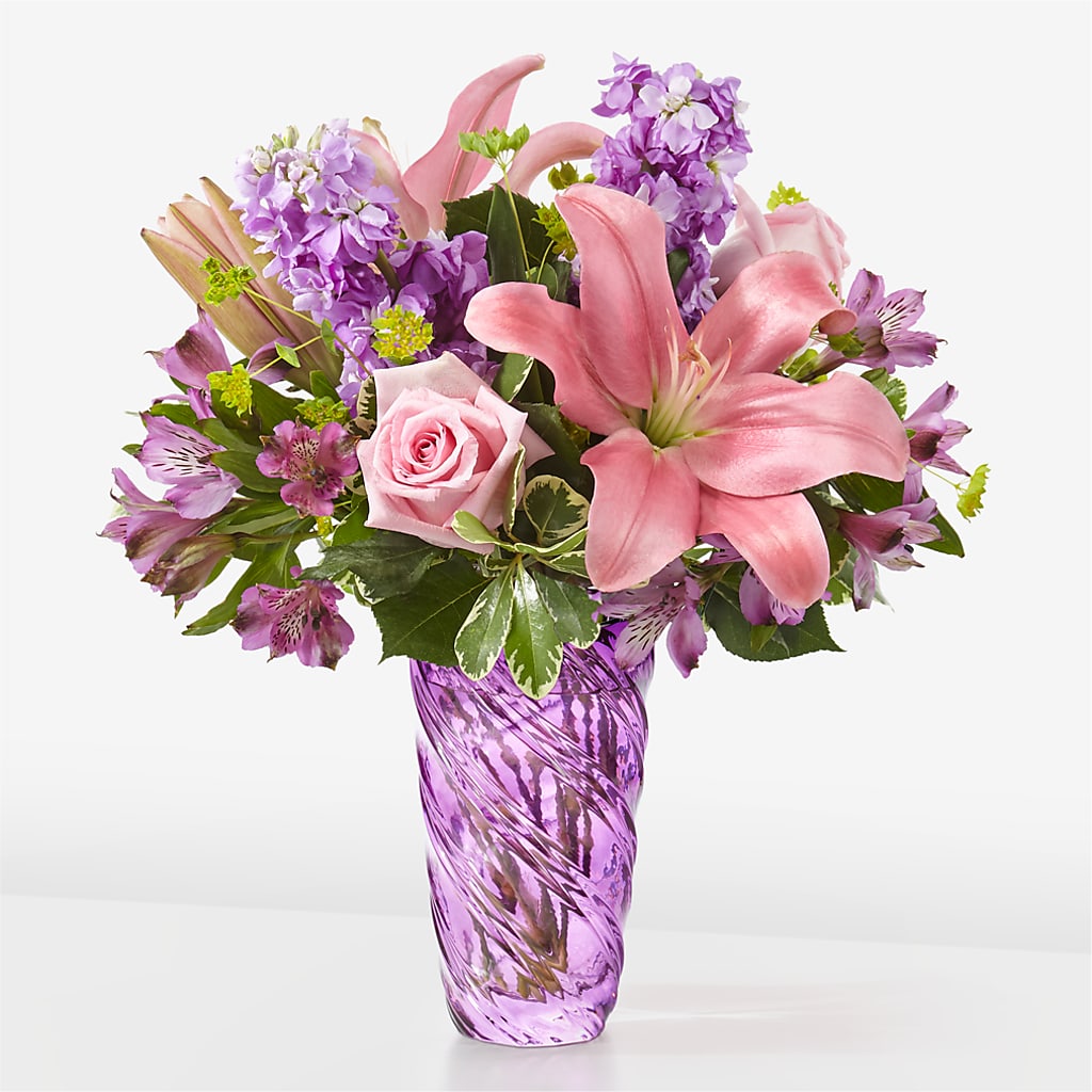 Precious Petals Bouquet with Luxe Swirl Vase – pink, purple flower
